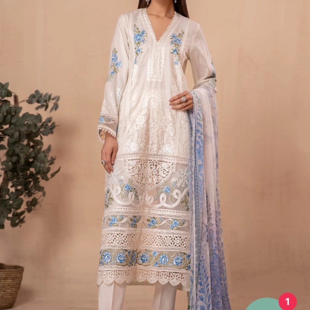 Pakistani White and Blue Embroidered Dress